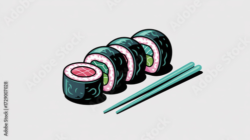 Delicious japanese sushi rolls with chopsticks vector illustration for restaurant menu and recipe 100