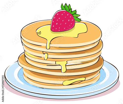 Stack of Golden Pancakes Drizzled with Syrup and Garnished with Strawberry Delightful Breakfast Treat Cartoon Style