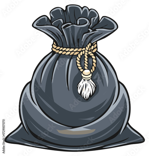 Illustration of a bulging drawstring sack, secured tightly with a knotted rope and a decorative tassel, evocative of old-fashioned storage