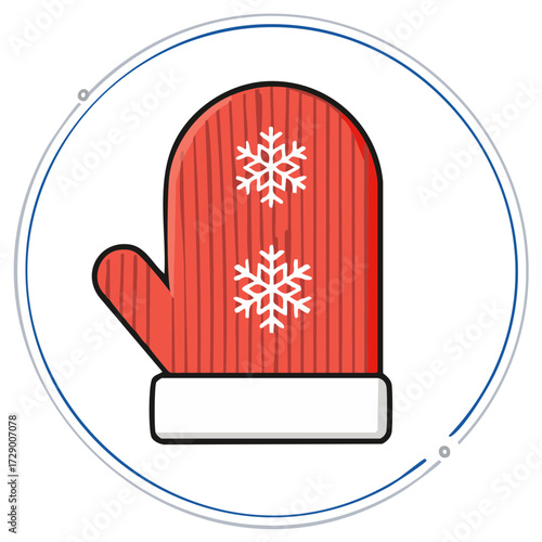 Red Knitted Winter Mitten with Snowflakes and White Cuff