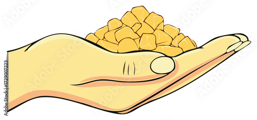 Hand Holding Pile of Golden Nuggets Treasure or Reward Illustration