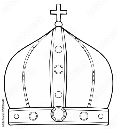 Royal king's crown with a cross on top, black and white line art for a coloring page