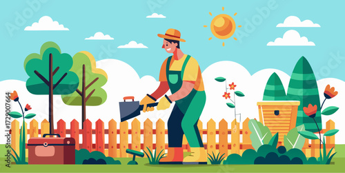 Smiling gardener using a trowel to dig in a vibrant backyard garden surrounded by plants, trees and sunshine