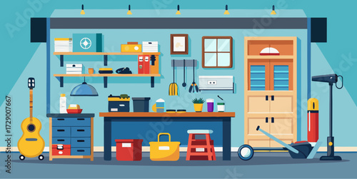 Organized garage workspace with shelves, tools, storage boxes, and sports equipment in a modern home setting