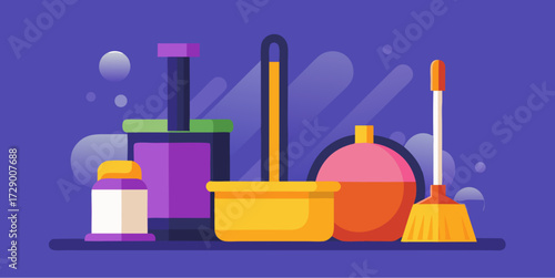 Colorful cleaning products and tools including broom, bucket, spray bottle and detergent on purple background