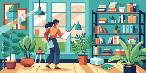 Young woman reading a book in a cozy home library filled with plants, bookshelves, and natural sunlight