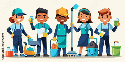 Happy cartoon cleaning team holding equipment and supplies while standing together in uniforms on light background