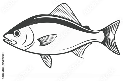Detailed Black and White Fish Outline Illustration for Marine or Seafood Design Projects