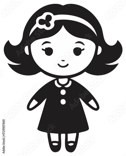 Charming illustration of a young girl in a dress with a headband and a flower.