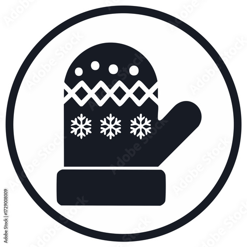Cozy Mitten Icon with Snowflakes and Geometric Pattern in Circle Frame, Winter Season Symbol