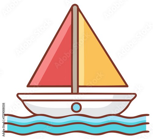 Simple Sailboat Illustration with Colorful Sails Floating on Water Waves