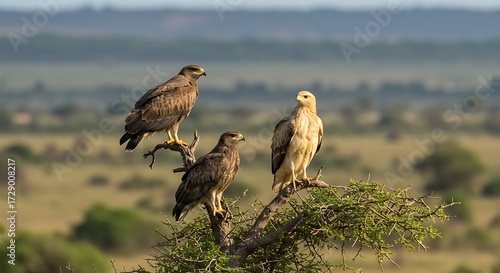 Three eagles perched on a tree branch in a natural outdoor environment