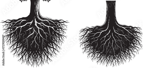 Black Silhouette Illustration of Tree Trunks and Extensive Root Systems