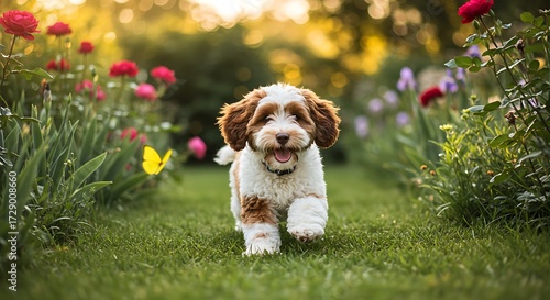 Happy puppy running in a sunny garden amongst colorful flowers and greenery
