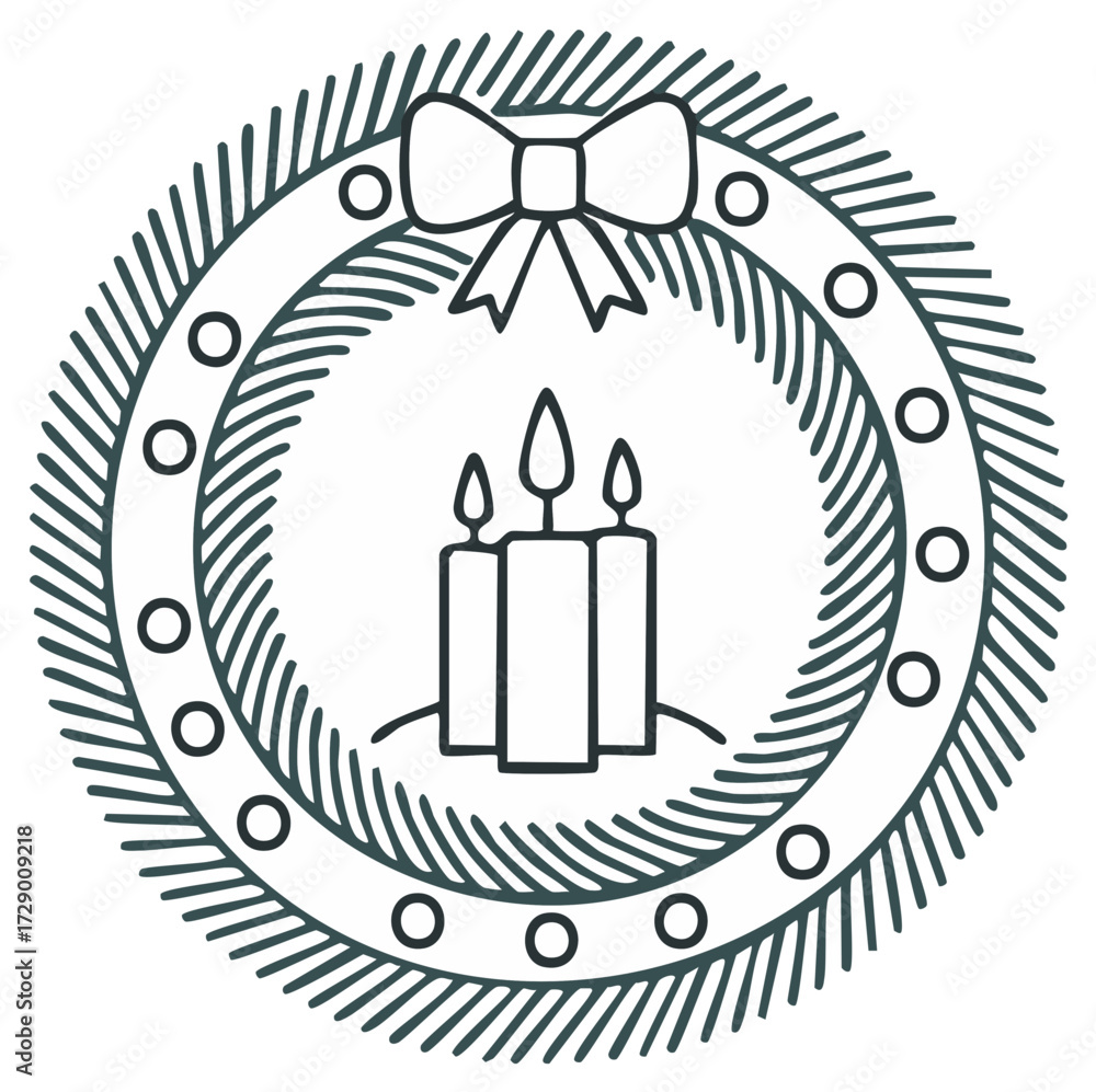 Obraz premium Minimalist Christmas Advent wreath with three lit candles and bow. Holiday line art vector illustration.