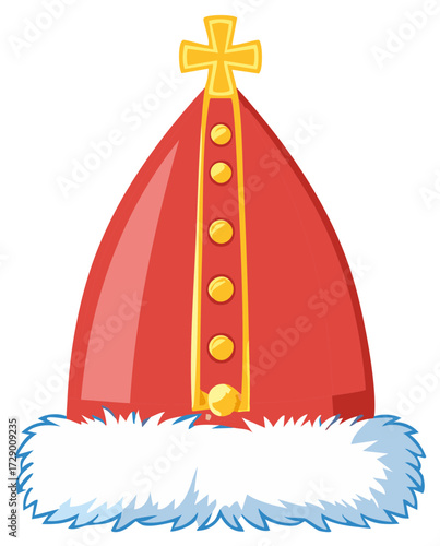 Red historic tsar hat with a golden cross and ermine fur trim vector illustration