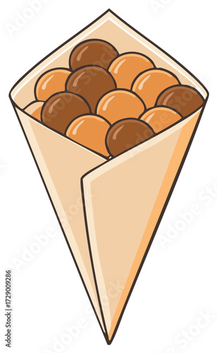 Delicious golden brown and chocolate dessert balls in a paper cone street food illustration