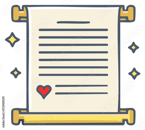 Love message scroll with red heart and magic sparkles