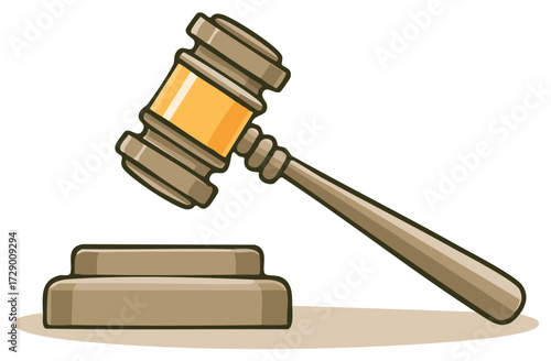 A wooden judge's gavel and sound block. Cartoon vector illustration symbolizing law, justice, and court verdicts.
