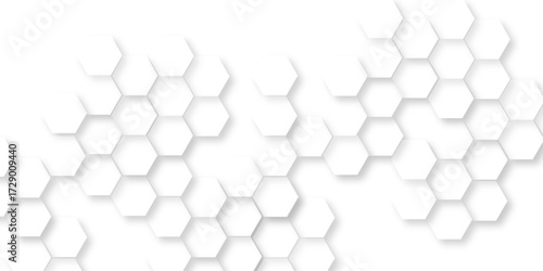 Hexagon pattern on an abstract white background, geometric mesh cell texture. modern futuristic wallpaper, abstract geometric pattern composed of three dimensional white hexagons.