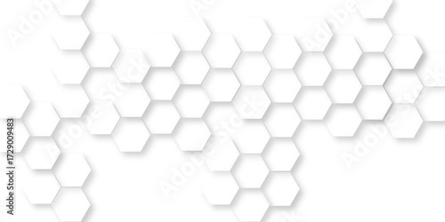Hexagon pattern on an abstract white background, geometric mesh cell texture. modern futuristic wallpaper, abstract geometric pattern composed of three dimensional white hexagons.