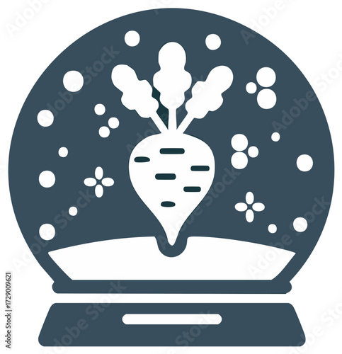 Snow globe illustration with a stylized winter radish and snowflakes vector graphic