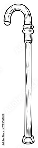 Cartoon illustration of a vintage walking cane. Hand-drawn style, black and white.