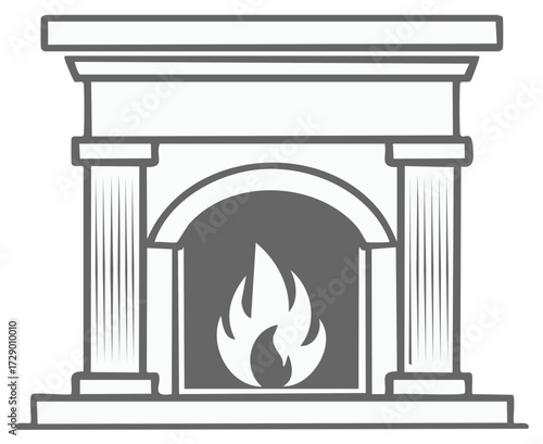 Elegant fireplace mantel with decorative architectural columns and a warm burning fire icon design