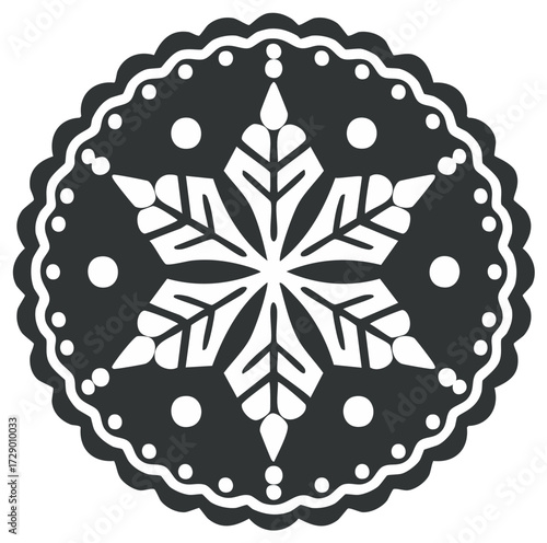 Elegant black and white snowflake mandala with intricate symmetrical winter pattern