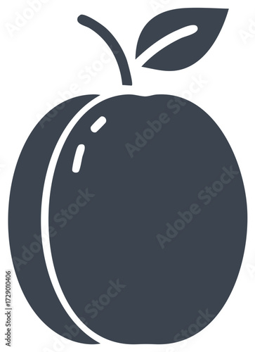 Minimalist dark vector icon of a fresh peach, apricot or plum with stem and leaf