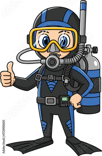 Cartoon scuba diver in full gear with oxygen tank and snorkel, giving thumbs-up, vector illustration for kids, underwater and adventure content