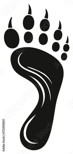 Hybrid human foot and bear paw print with claws vector graphic silhouette icon