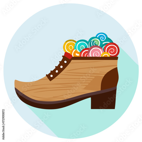Novelty Shoe Filled with Spiral Lollipops on Blue Background
