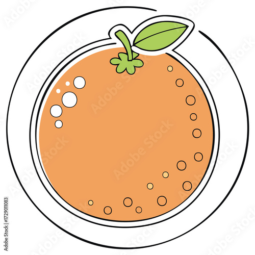 Orange fruit stylized with green leaf on white plate, isolated on white background