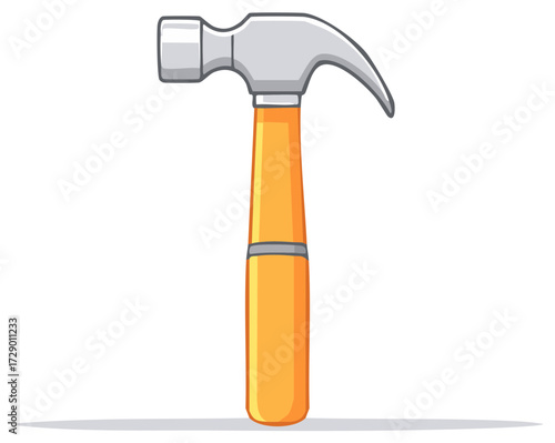 Cartoon illustration of a hammer with a wooden handle and metal head for repair or construction