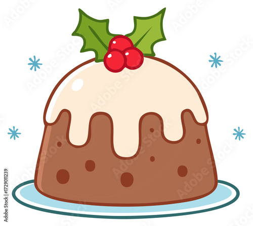 Festive Holiday Pudding Topped with Holly Berries and Leaves Winter Illustration