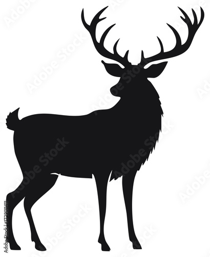 Black Deer Silhouette Isolated Standing Alert with Large Antlers Graphic Illustration