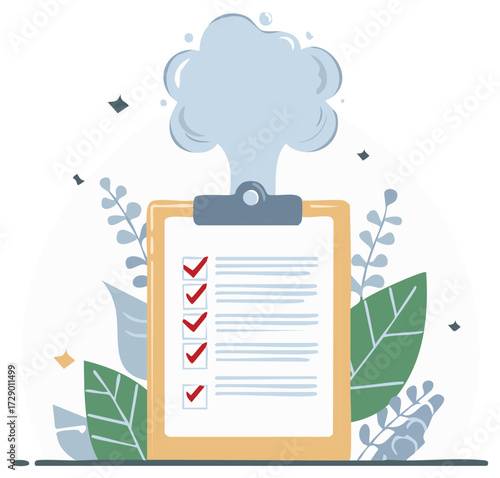 Completed checklist on clipboard with a cloud overhead success motivation metaphor