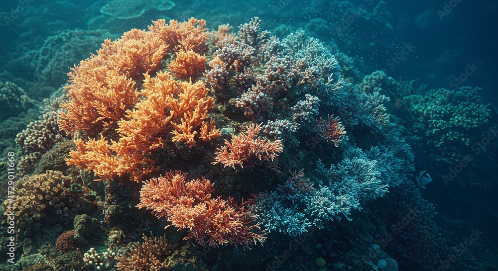 Fototapeta premium A conceptual image of a coral reef, showing the contrast between a healthy, vibrant side and a dying, bleached side, symbolizing ocean warming.
