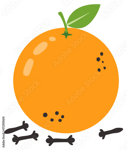 Orange fruit with green leaf and whole cloves spice scattered below