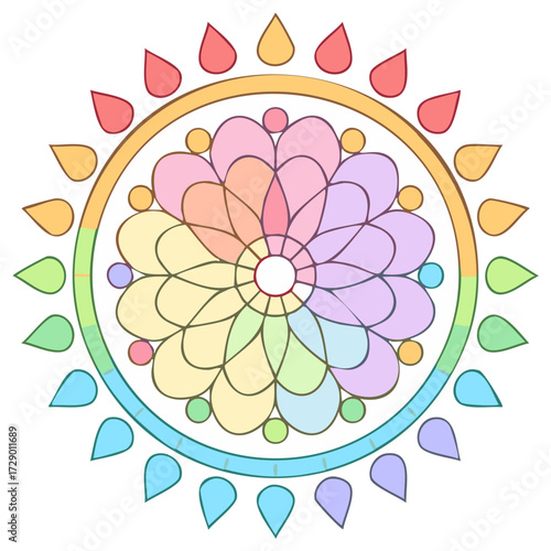 Colorful mandala design with soft pastel colors and floral petal shapes radiating outwards