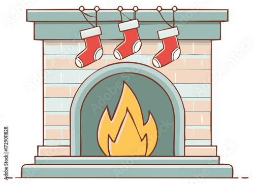 Cartoon illustration of a cozy brick fireplace with a warm fire and three Christmas stockings