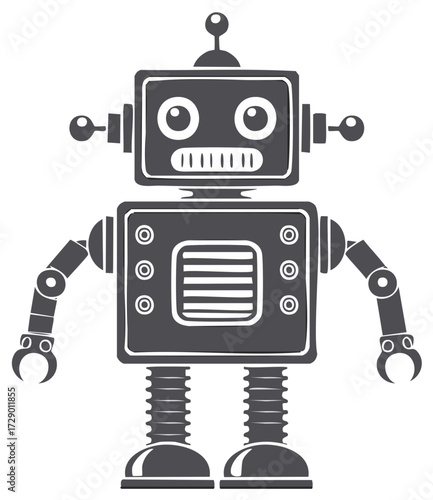 Retro Robot Illustration, Gray on White, Vintage Mechanical Design