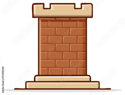 Cartoon brick tower with battlements and steps in beige and brown for illustration or icon usage