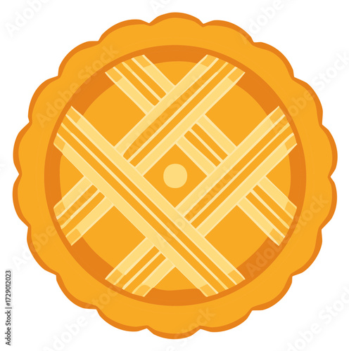 Round baked pie with decorative lattice crust and scalloped edges, graphic illustration