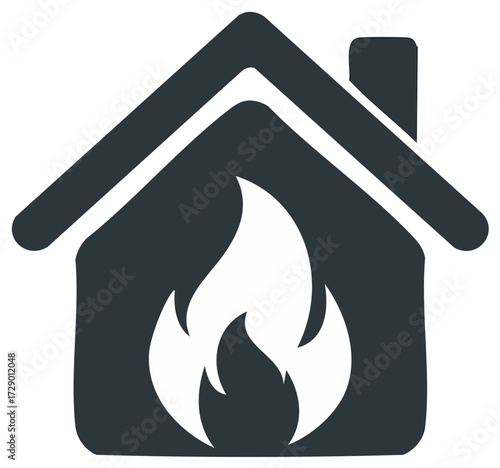 House engulfed in flames abstract graphic representing home fire or domestic heating crisis, arson concept