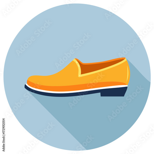 Yellow loafer shoe icon with long shadow, modern flat design footwear illustration