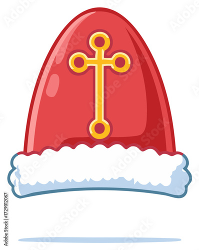 Cartoon red bishop hat with golden cross and white fur trim holiday seasonal item