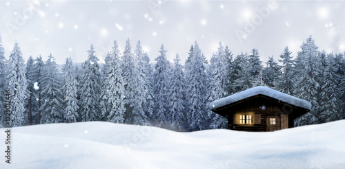 Winterliche Weihnachtsstimmung mit Schnee und Weihnachtsbaum