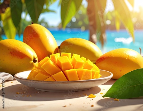 Ripe Yellow Mangoes on Beach Table